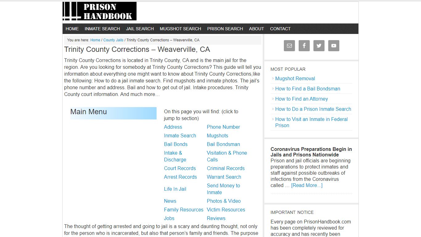 Trinity County Corrections – Weaverville, CA - Prison Handbook